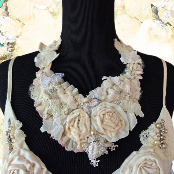 Bohemian Collar Neutral Vintage Lace Wedding Necklace Bridal Jewelry - Picture 1 of 8